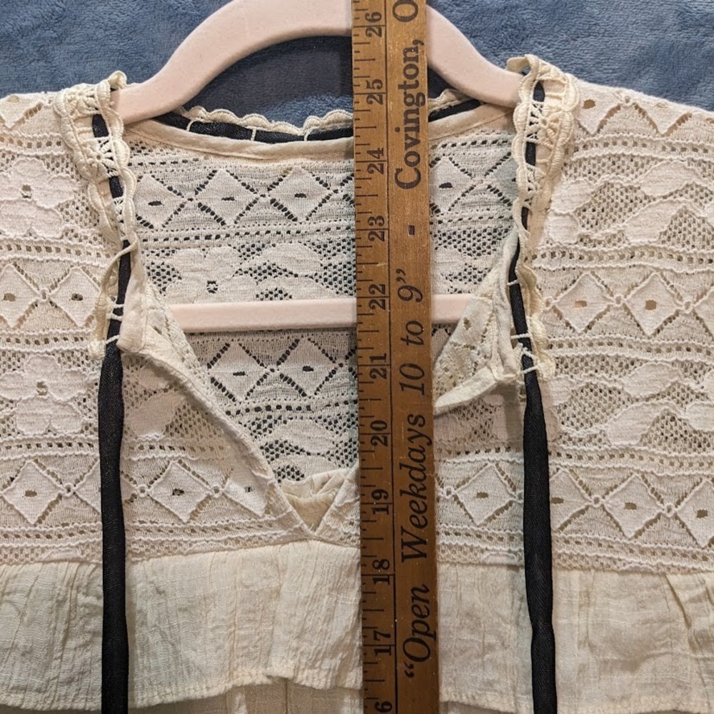 Cottagecore Lace Bib Blouse Cream Crinkle Gauze Ruffle Collar Ribbon Tie Boho - Picture 7 of 13